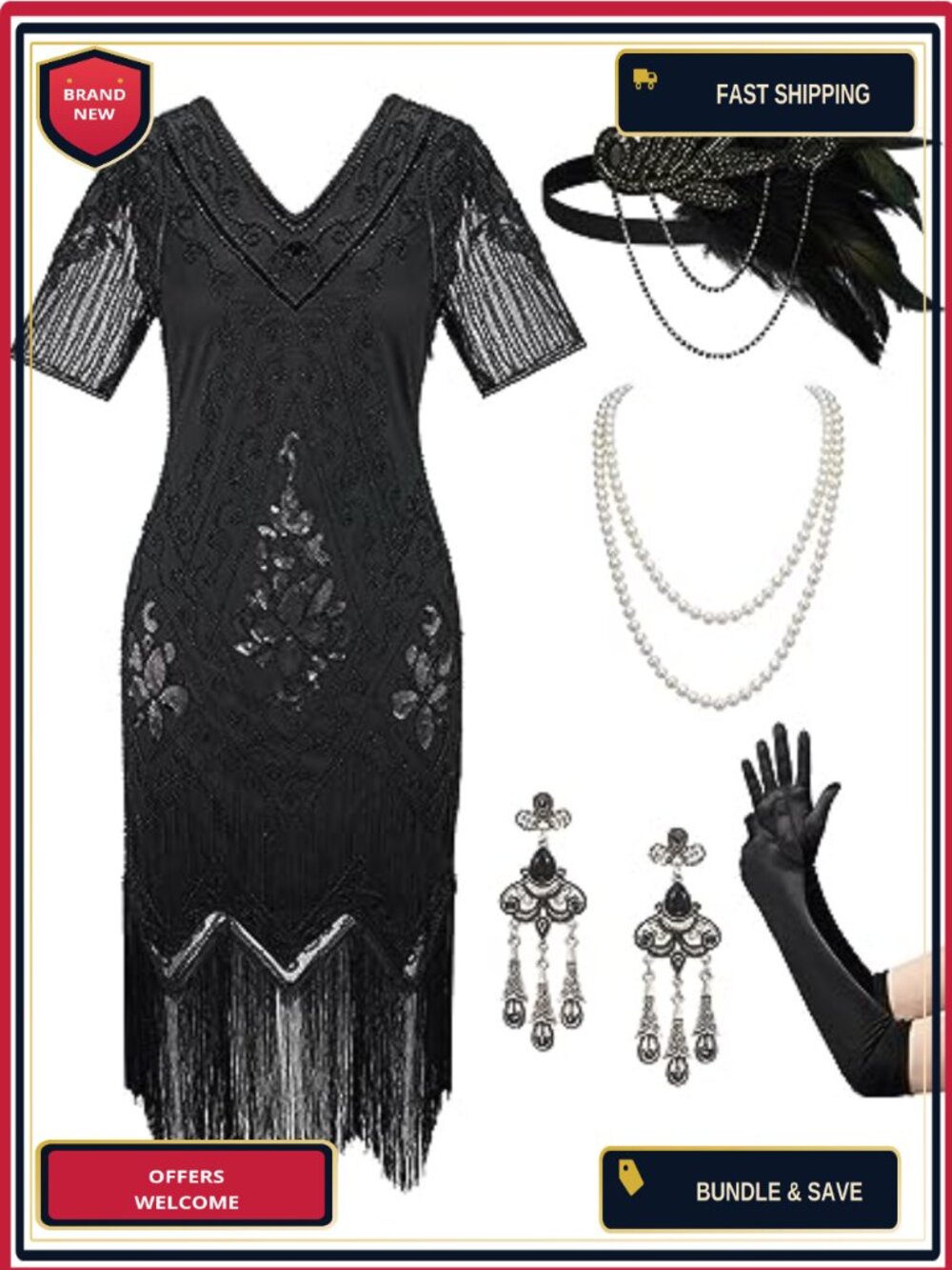 1920s Flapper Dress Set Sequin Fringe Gatsby Costume 8 Pc